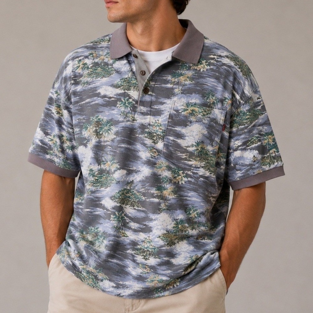 Tommy Bahama Mens XL Blue Surfer Tropical Wave Print Cotton Polo Shirt